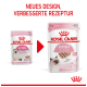 Royal Canin Kittenfutterverpackung mit neuem Design und verbesserter Rezeptur, mit dem Text 'NEUES DESIGN, VERBESSERTE REZEPTUR' und 'Bis zu 12 Monate.'