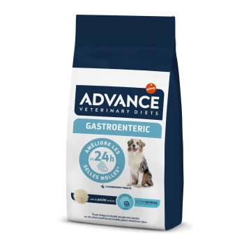 Sac de nourriture pour chiens Advance Veterinary Diets Gastroenteric présentant un chien heureux à l'avant, avec un texte mettant en avant les avantages et les ingrédients.