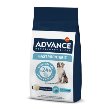 Sac de nourriture pour chiens Advance Veterinary Diets Gastroenteric présentant un chien heureux à l'avant, avec un texte mettant en avant les avantages et les ingrédients.
