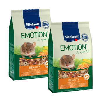 Zwei Taschen mit Vitakraft Emotion Tiernahrung für Mäuse, beschriftet mit "SCHÖNHEIT", mit einer kleinen Maus auf der Vorderseite und bunten Zutaten.