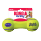 KONG AirDog helles neonfarbenes, hantelförmiges Tennisball-Quietscher-Spielzeug mit 'KONG AirDog'-Logo und Verpackungsbild mit Kind und Hund.
