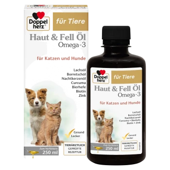 Fles en doos Doppelherz voor dieren Huid & Vacht Olie Omega‑3, 250 ml, voor katten en honden, met afbeelding van een kat en een hond.