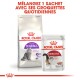 Emballage Royal Canin pour nourriture sèche Regular Sensible pour chats et sachet de nourriture humide Instinctive de 85g avec instructions de mélange en français.