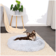Ein kleiner braun-weißer Chihuahua ruht sich bequem in einem flauschigen hellblauen Haustierbett auf einem weichen cremefarbenen Teppich aus, mit einer Topfpflanze im Hintergrund.