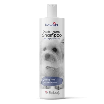 Pawlie's Seidenglanz Shampoo für Hunde, mit einem weißen Hund auf dem Etikett, fördert Aufhellung und sanfte Reinigung.