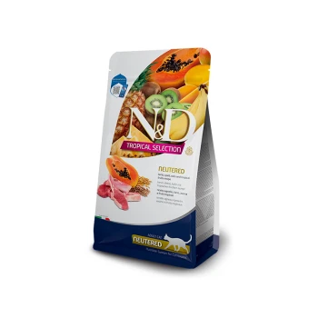 Tropical Adult für kastrierte Katzen Lamm 1.5 kg N&D Tropical Selection Katzenfutterbeutel, gekennzeichnet mit "Kastriert", mit Früchten wie Papaya und Banane, mit sichtbaren Nährwertdetails.