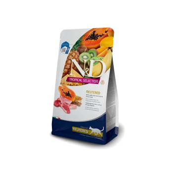 Torba z karmą dla kotów N&D Tropical Selection, oznaczona "Wykastrowany," z owocami takimi jak papaja i banan, z widocznymi szczegółami żywieniowymi.