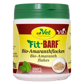 Behälter mit cdVet Fit-BARF Bio-Amaranth-Flocken, gekennzeichnet als 100% natürlich, mit einem grünen Deckel und Bildern von Amaranth-Flocken.