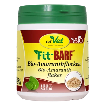 Behälter mit cdVet Fit-BARF Bio-Amaranth-Flocken, gekennzeichnet als 100% natürlich, mit einem grünen Deckel und Bildern von Amaranth-Flocken.