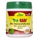 Behälter mit cdVet Fit-BARF Bio-Amaranth-Flocken, gekennzeichnet als 100% natürlich, mit einem grünen Deckel und Bildern von Amaranth-Flocken.