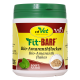 Behälter mit cdVet Fit-BARF Bio-Amaranth-Flocken, gekennzeichnet als 100% natürlich, mit einem grünen Deckel und Bildern von Amaranth-Flocken.