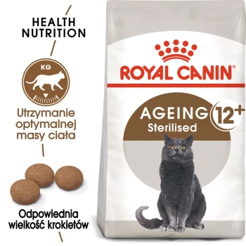 Ageing 12+ Sterilised 2 kg Torba z karmą dla kotów Royal Canin Ageing 12+ Sterilised z szarym kotem, z tekstem podkreślającym zdrowe odżywianie i optymalne utrzymanie wagi ciała.