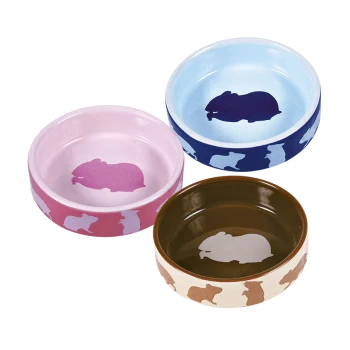 Drei Haustierfutterschalen in Pink, Blau und Braun, jede mit Silhouetten von Kaninchen an den Seiten.