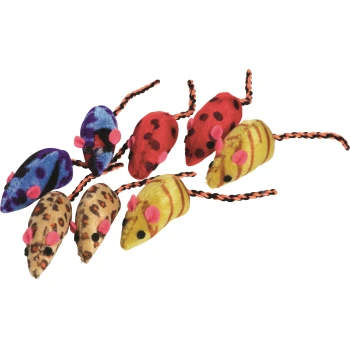 Trendmäuse mit Catnip, 8Stk.,6,5cm, Farben assortiert Eine bunte Auswahl an plüschigen Spielzeugmäusen in verschiedenen Mustern und Farben, darunter Blau, Rot, Gelb und Braun, mit rosa Ohren und Schwänzen.