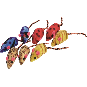 Eine bunte Auswahl an plüschigen Spielzeugmäusen in verschiedenen Mustern und Farben, darunter Blau, Rot, Gelb und Braun, mit rosa Ohren und Schwänzen.