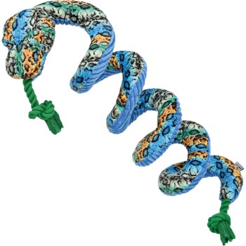 Buntes, plüschiges, schlangenförmiges Hundespielzeug mit einem grünen Seilschwanz, das ein lebhaftes Muster aus blauen, grünen und orangefarbenen Schuppen zeigt.