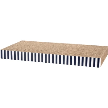 Carton à griffer à rayures Griffoir en carton pour chats avec une surface texturée, comportant une bordure rayée bleu marine et blanche.