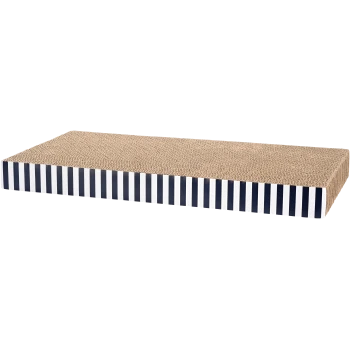 Griffoir en carton pour chats avec une surface texturée, comportant une bordure rayée bleu marine et blanche.