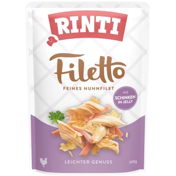 Pochette de nourriture pour animaux Rinti Filetto contenant un filet de poulet fin avec du jambon en gelée, garni de persil, taille 100g.