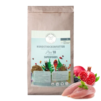 Braune Papiertüte mit Hundefutter, beschriftet mit 'Green Pawly' und 'Hundetrockenfutter' sowie 'Plus 10 Superfoods', mit Huhn und Beeren.