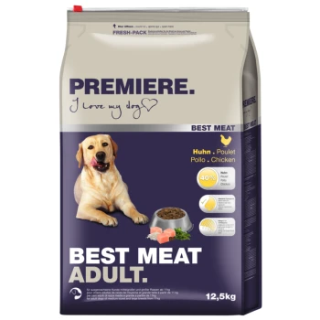 Hundefutterbeutel beschriftet mit "Premiere Best Meat Adult", wobei Huhn die Hauptzutat ist, mit einem Fleischanteil von 40 %, Größe 12,5 kg.
