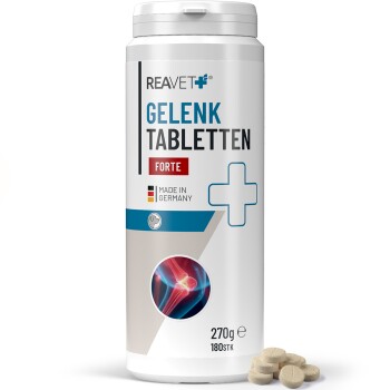 Behälter mit REAVET Gelenk Tabletten Forte für Hunde, mit einem Deutschen Schäferhund auf dem Etikett, mit 270g und 180 Tabletten angegeben.
