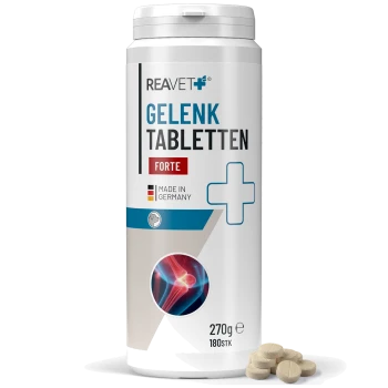 Behälter mit REAVET Gelenk Tabletten Forte für Hunde, mit einem Deutschen Schäferhund auf dem Etikett, mit 270g und 180 Tabletten angegeben.
