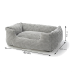 Panier rectangulaire pour animal en peluche côtelée grise, avec face avant abaissée et bords relevés, étiqueté avec les dimensions « 60 cm », « 40 cm », « 19 cm »