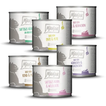 Fünf Dosen Mjammjam Katzenfutter in den Geschmacksrichtungen: Huhn mit Brokkoli, Ente und Truthahn, Huhn und Kaninchen, Wildlachs und Rind.