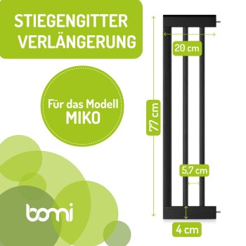 Schwarzes Erweiterungsgitter für Haustiere, beschriftet mit 'Stiegengitter Verlängerung', entworfen für das Modell MIKO, Abmessungen: 77 cm Höhe, 20 cm Breite.
