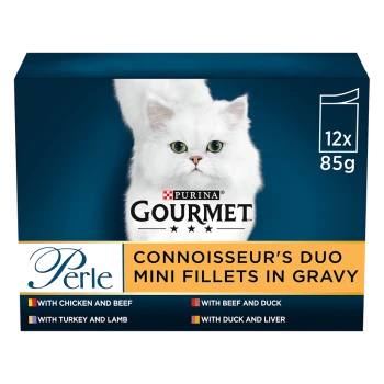 Purina Gourmet Perle Duo Mini Fillets cat food packaging features a white cat and includes chicken, beef, turkey, lamb, duck, and liver flavors.