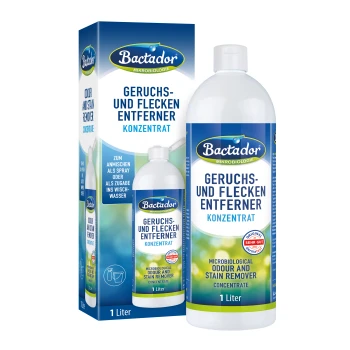 Bactador Microbiologie Odour and Stain Remover Concentrate, 1 liter bottle with blue and green packaging, featuring German text.