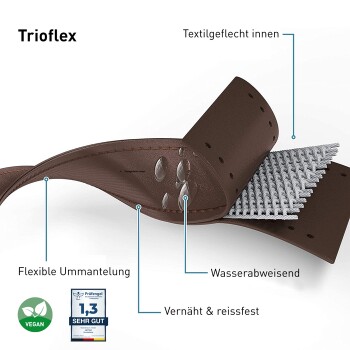 Trioflex Haustierzubehör mit einem flexiblen, wasserdichten Design und textiler Flechtung, gekennzeichnet als vegan, langlebig und wasserabweisend.