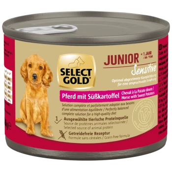 Select Gold Junior Sensitive Pferd mit Süßkartoffeln, getreidefreies Nassfutter für Hunde in Dose.