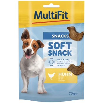 MultiFit Soft Snack chicken dog treats bag with smiling Jack Russell, text 'SNACKS', 'SOFT SNACK', 'HUHN/CHICKEN', 70g