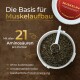 Behälter für das Pferdegold Pferdeergänzungsmittel mit der Aufschrift "Muskeln," mit einem Pferdelogo und Informationen zu einer 30-Tage-Garantie und Ergebnissen in 2 Wochen.
