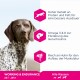 Hundefutter-Werbung, die einen Hund zeigt und hohen Proteingehalt, Omega 3 & 6 für den Geruch und Huhn für den Muskelaufbau betont.
