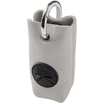 Hellgrauer, genarbter Leder-Kotbeutelhalter mit silbernem Karabiner und schwarzem rundem "HUNTER"-Logo