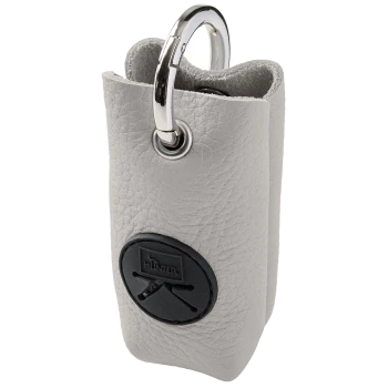 Hellgrauer, genarbter Leder-Kotbeutelhalter mit silbernem Karabiner und schwarzem rundem "HUNTER"-Logo