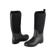 Schwarze wasserdichte Gummistiefel mit einem weichen Stoffoberteil, mit einer strukturierten Sohle für Grip, aus mehreren Blickwinkeln dargestellt.