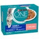 Emballage de nourriture pour chats Purina ONE Senior 7+ présentant une assiette de nourriture humide avec du saumon et des carottes, promouvant la santé et la vitalité visibles.