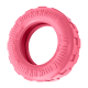 Roze rubberen hondenspeelgoed in de vorm van een band met loopvlakpatroon en verhoogde tekst 'KONG'