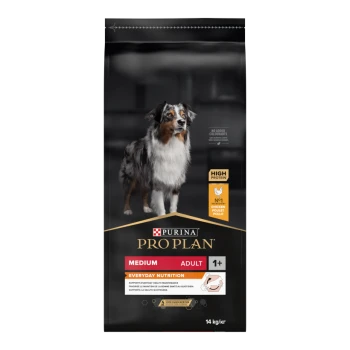 Purina Pro Plan Hundefutterbeutel mit einem mittelgroßen erwachsenen Hund auf der Vorderseite, beschriftet mit "Hoher Proteingehalt" und "Alltagsnahrung."