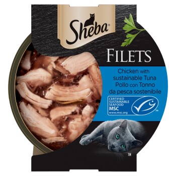 Sheba Filets cat food with chicken and sustainable tuna, MSC certified, featuring a gray cat and parsley garnish.