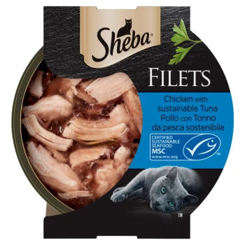 Sheba Filets cat food with chicken and sustainable tuna, MSC certified, featuring a gray cat and parsley garnish.