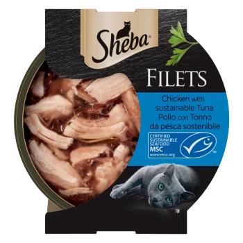 Sheba Filets cat food with chicken and sustainable tuna, MSC certified, featuring a gray cat and parsley garnish.