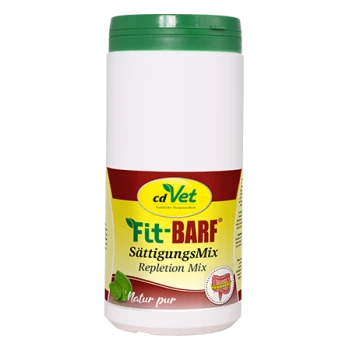 Behälter des cdVet Fitt-BARF SättigungsMix Ergänzungsfuttermittels mit grünem Deckel und gelbem Etikett.