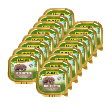 Igelfutter 16x100g Bild eines Haustierfutterprodukts mit einem lebhaften grünen Etikett, das natürliche Zutaten zeigt, in einem goldenen Behälter präsentiert.