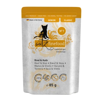 Beutel von Catz Finefood, Geschmacksrichtung Nr. 7, mit Rind und Kalb, 85g, getreidefrei, ohne Zuckerzusatz, hergestellt in Deutschland, geeignet für ältere Katzen.