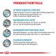 Infografik, die die Produktvorteile für Haustierfutter hervorhebt: hydrolysiertes Protein, niedriger RSS-Wert, Hautbarrierefunktion und Unterstützung der Zahngesundheit.